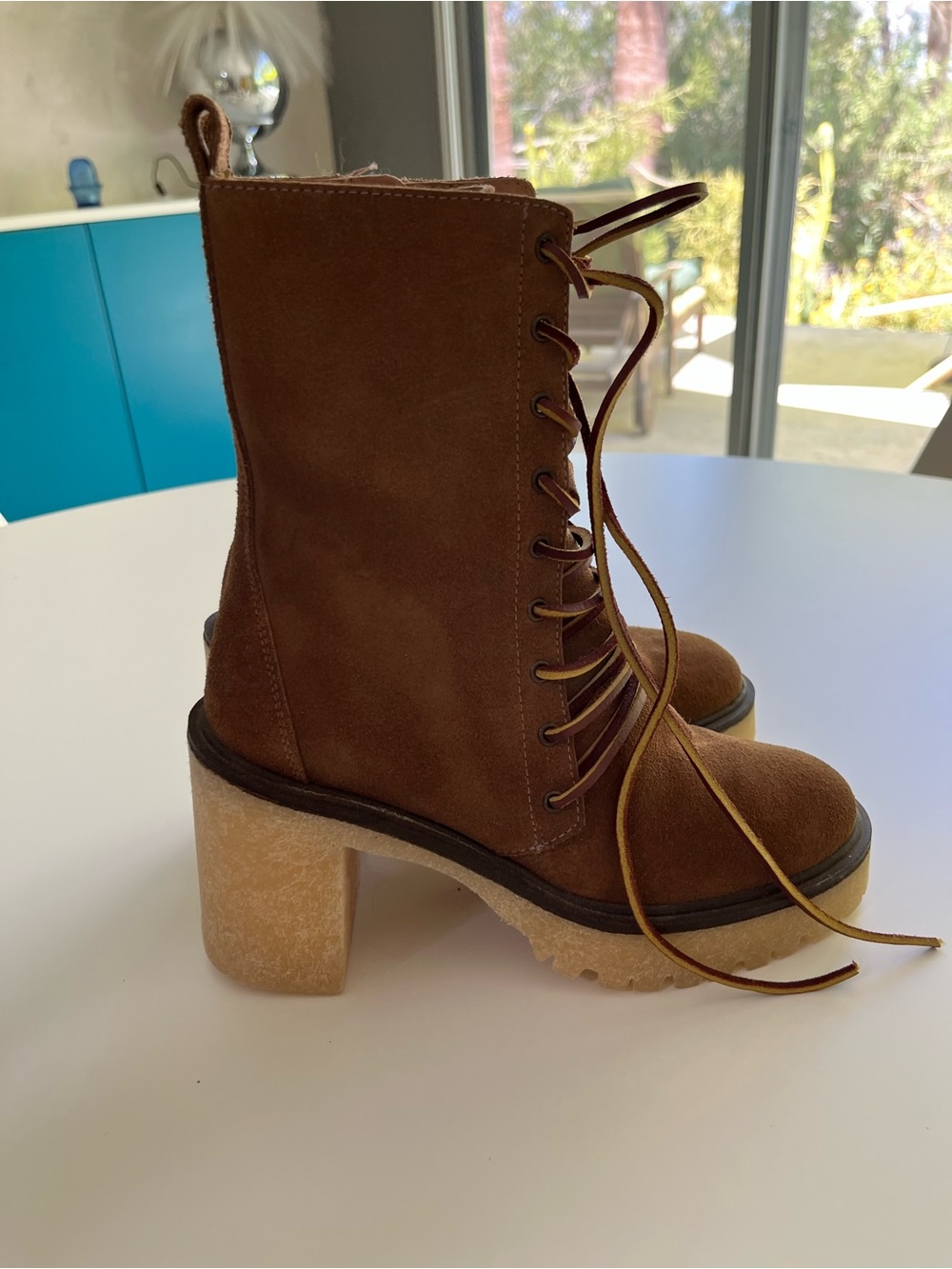 Free People Chestnut Suede Lace-Up Block Heel Ankle Boots NWOT